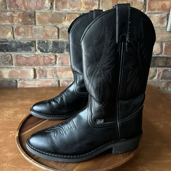 Justin Men's 7 D Women's 8.5 Black Leather Pull On Stitched Western Cowboy Boot - Picture 1 of 16